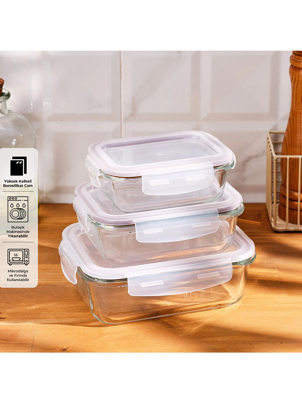 Renksiz Lina Borosilikat 3'lü Saklama Kabı-7