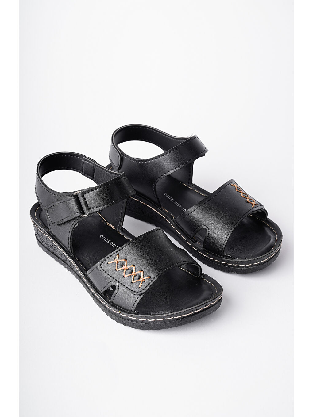 Siyah SALVA Rahat Kalıp Deri Görünümlü Cırtlı Tek Bant Kadın Sandalet-2