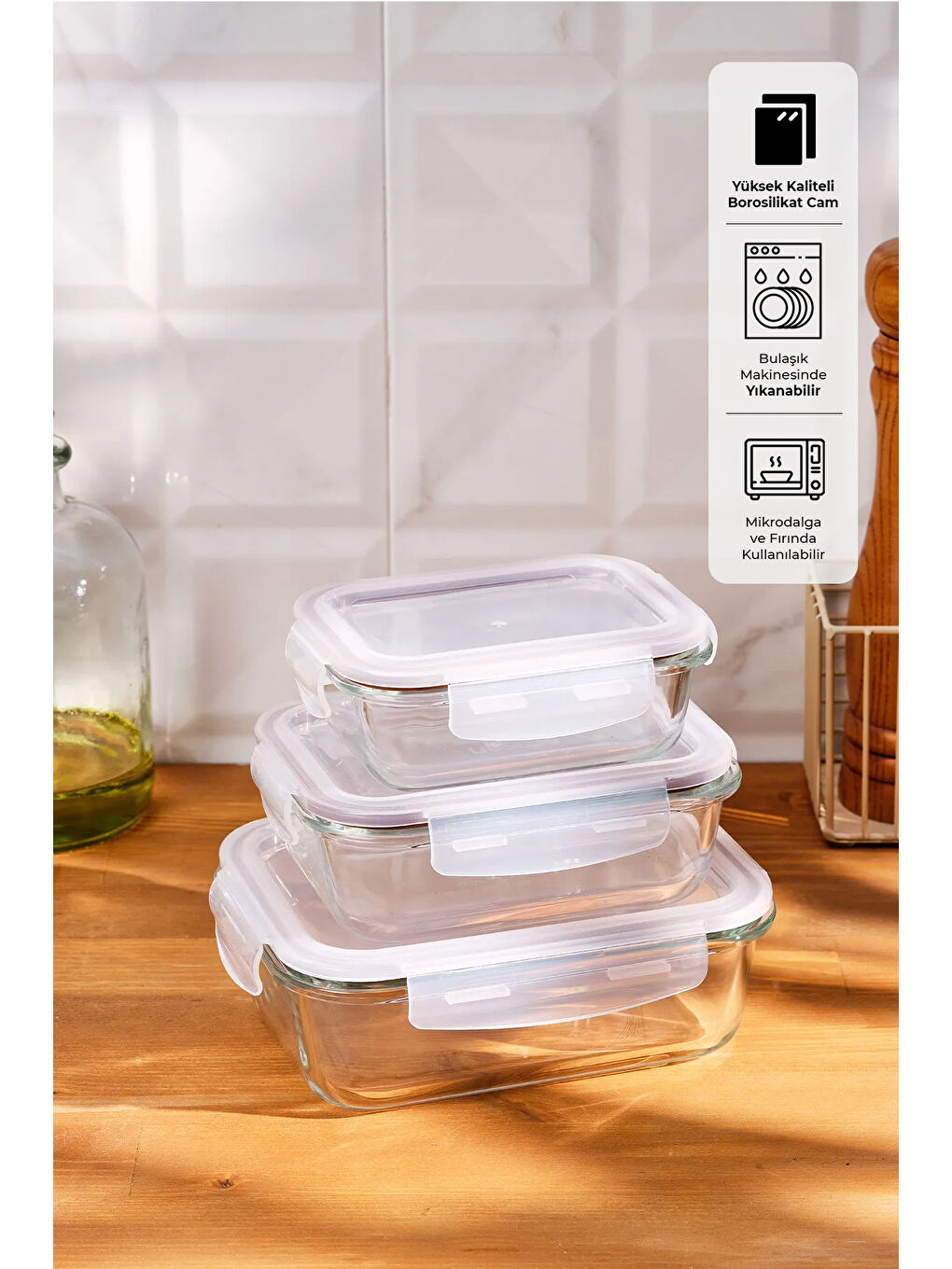 Renksiz Lina Borosilikat 3'lü Saklama Kabı-3