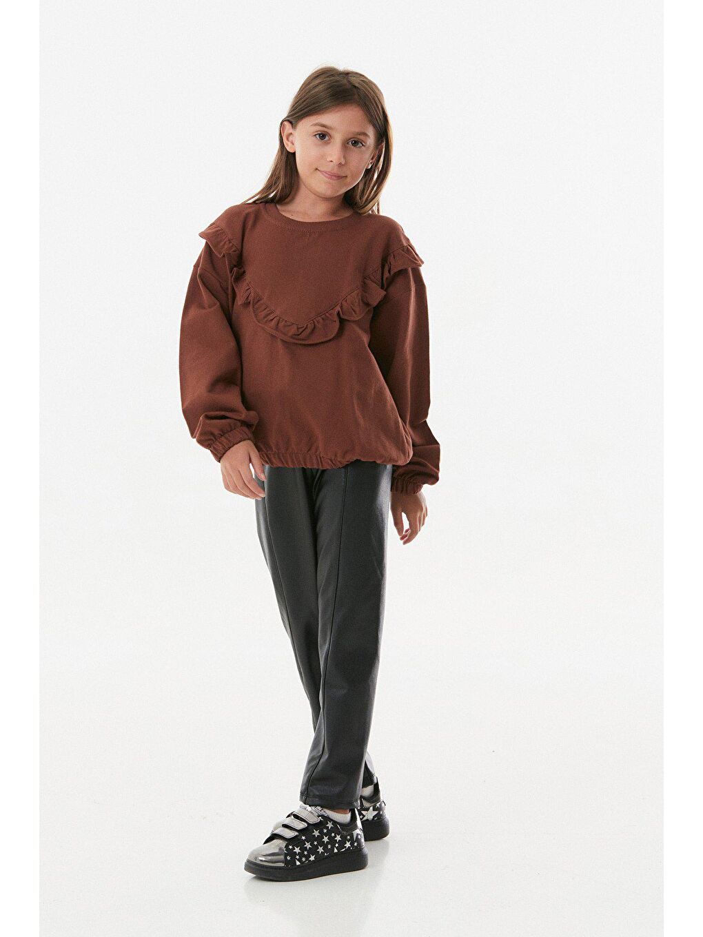 Kahverengi Suni Deri Fırfırlı Kız Çocuk Takım