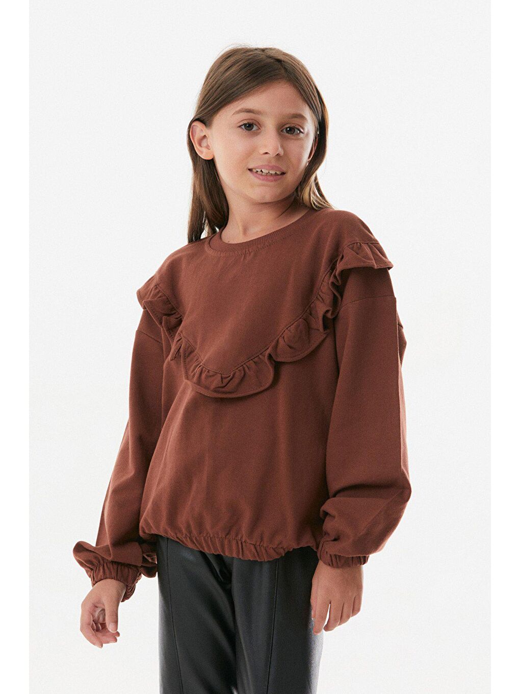 Kahverengi Suni Deri Fırfırlı Kız Çocuk Takım-1