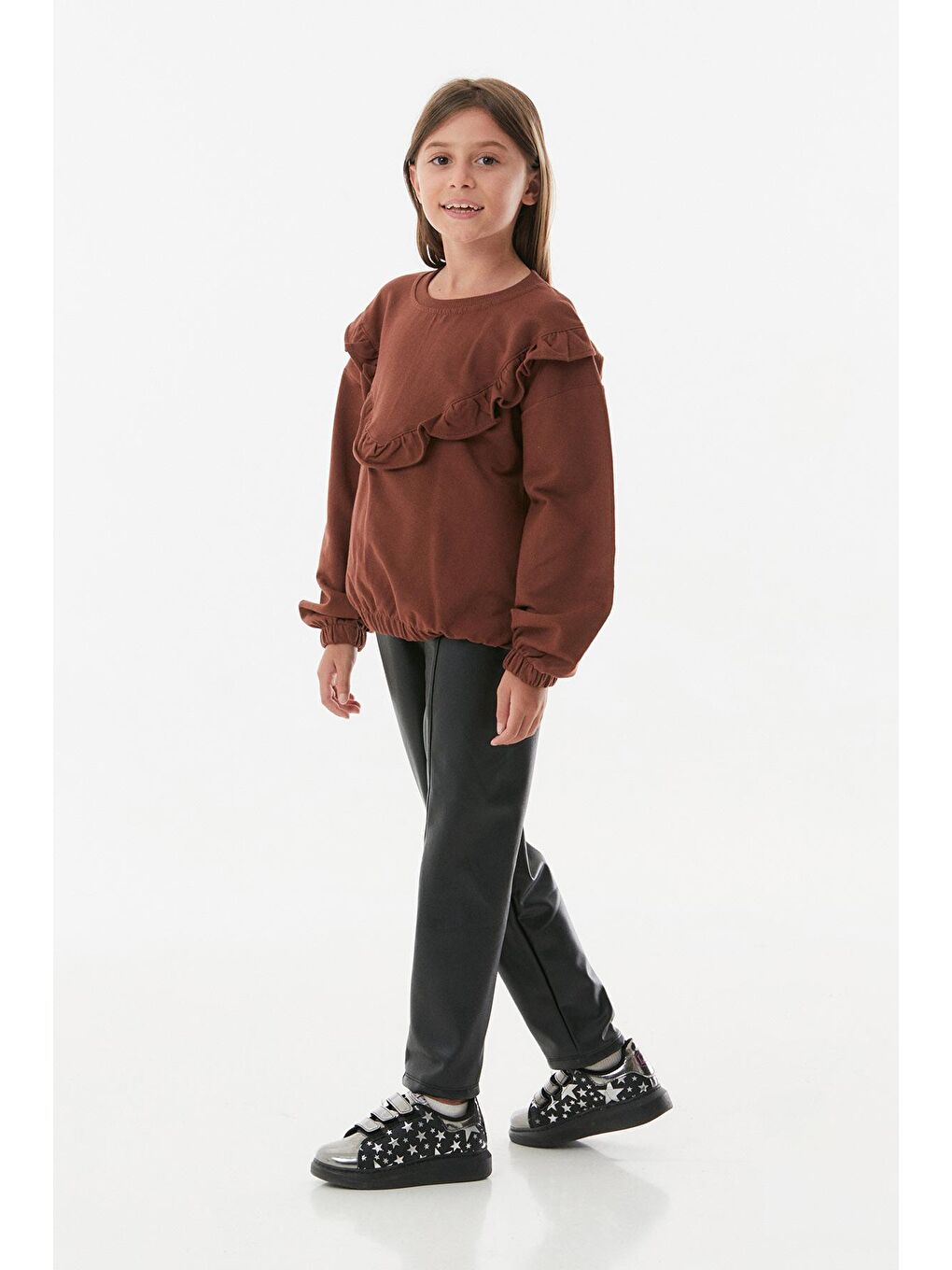 Kahverengi Suni Deri Fırfırlı Kız Çocuk Takım-3