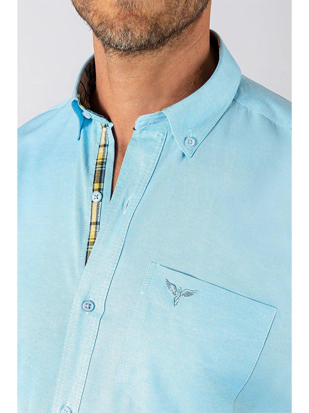 Erkek Regular Fit Klasik Kesim Pamuklu Oxford Doku Tek Cepli Turkuaz Düğmeli Yaka Gömlek-2