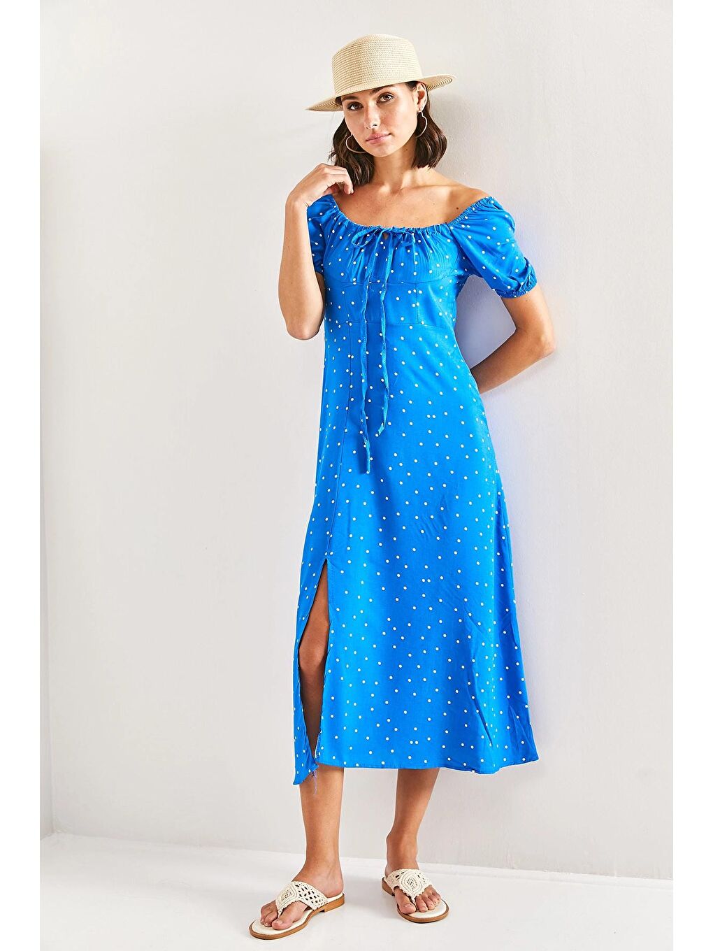 Mavi Kadın Kare Yakalı İpli Puantiyeli Elbise-3