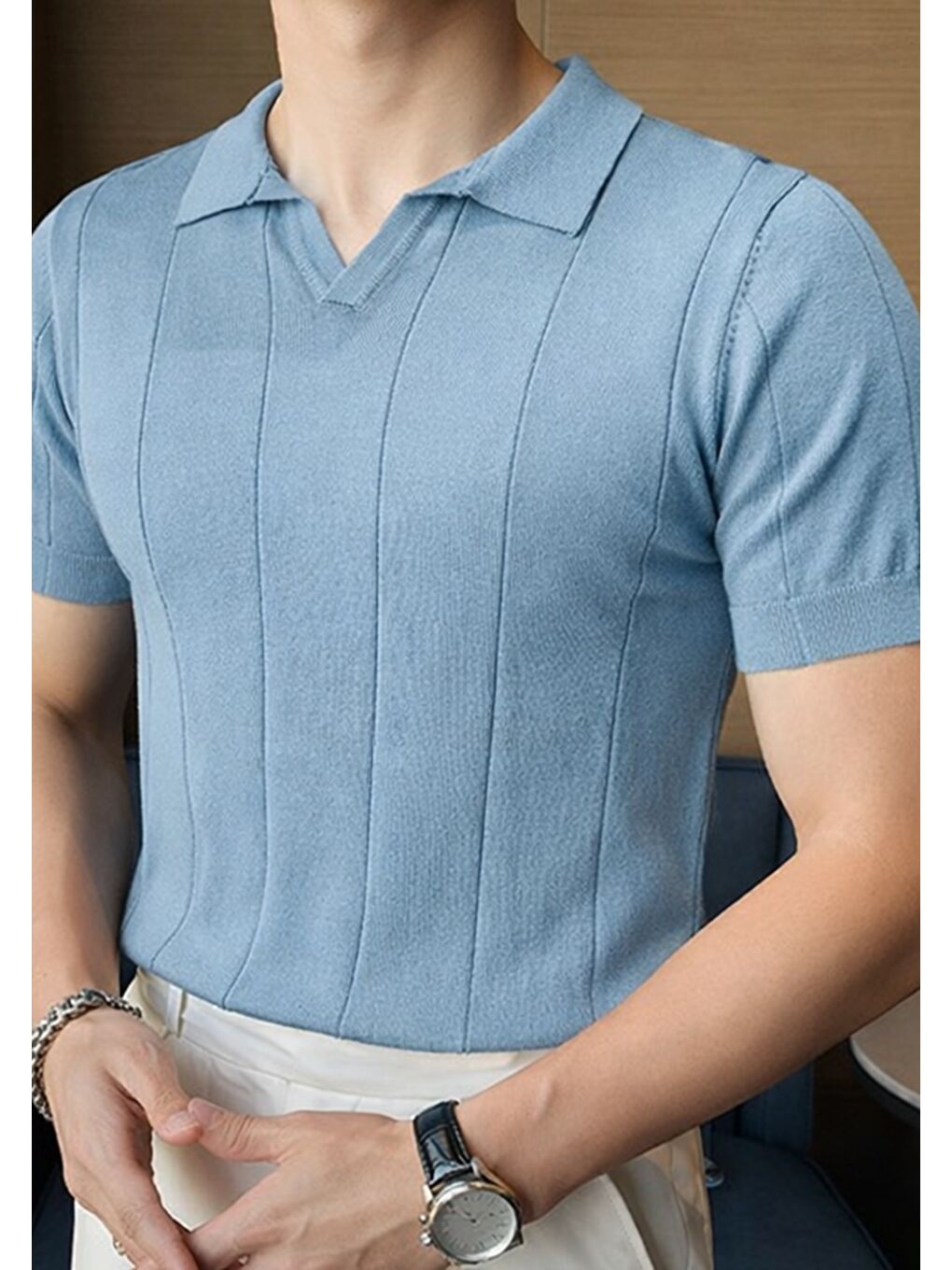 Erkek Mavi Çizgili Kısa Kollu Triko Tişört-1