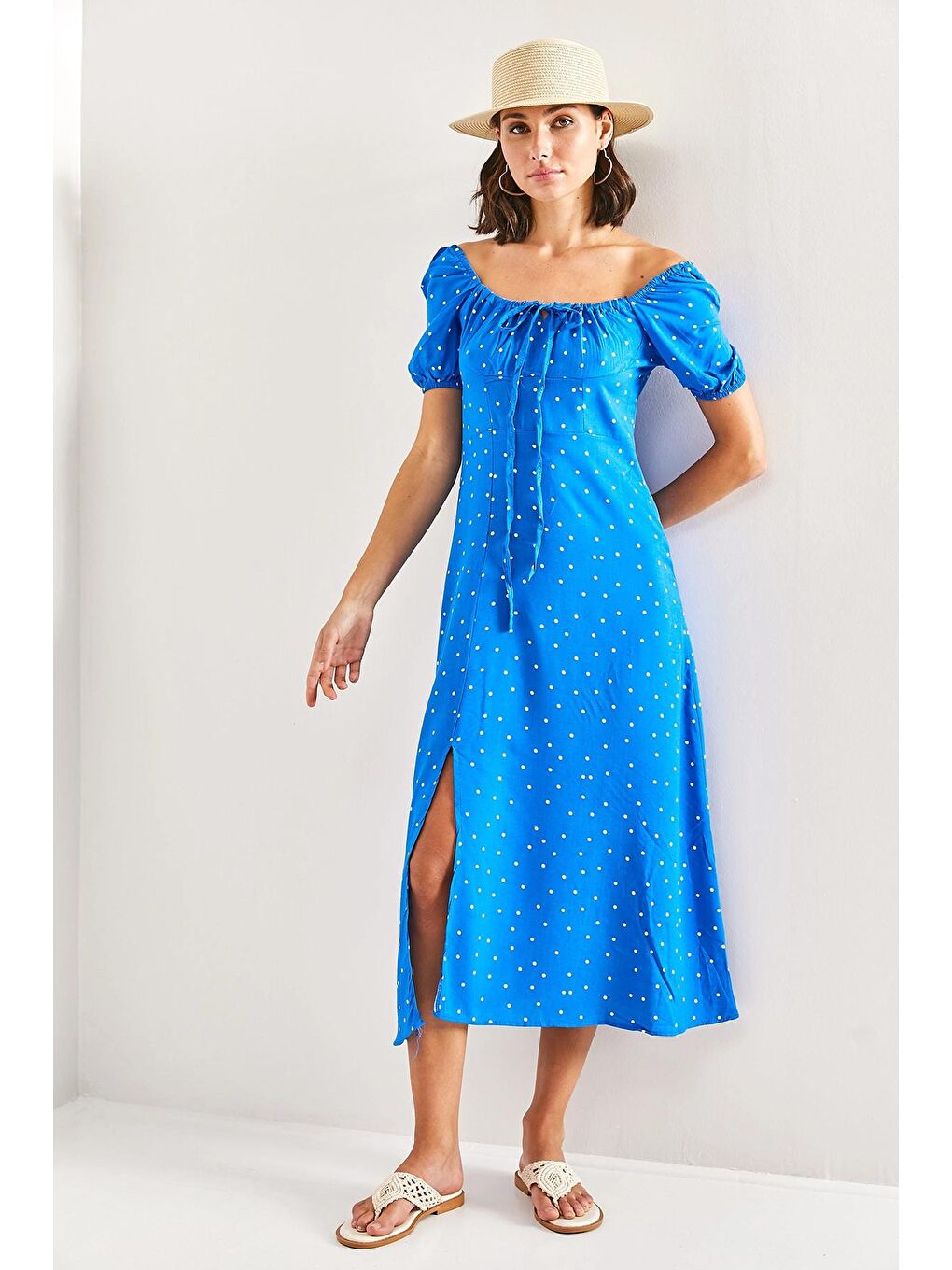 Mavi Kadın Kare Yakalı İpli Puantiyeli Elbise-4