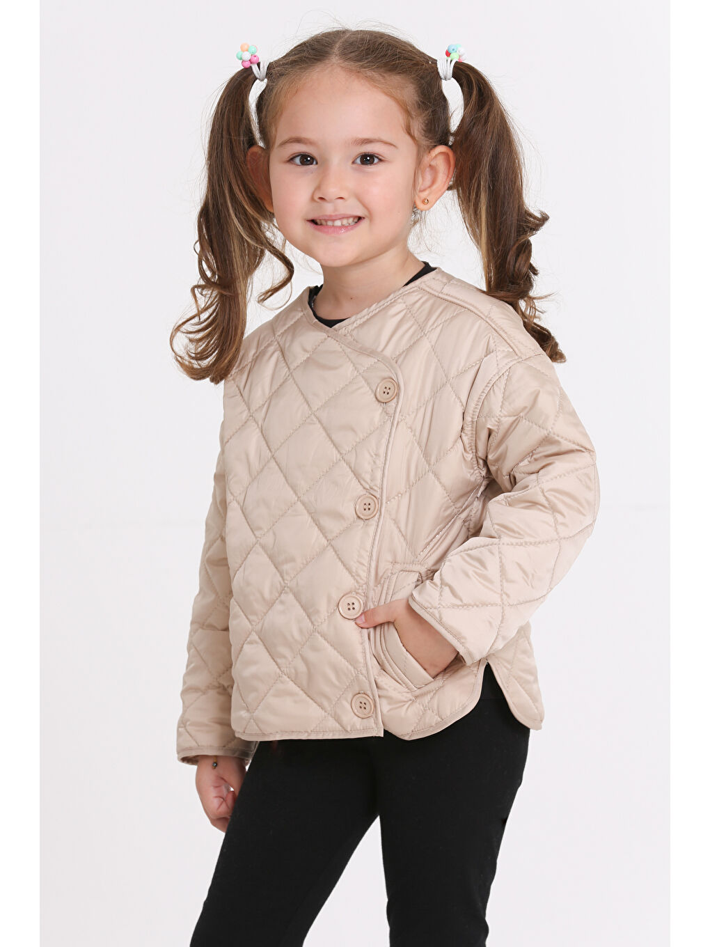 Kız Çocuk Bej Kruvaze Kapama Kapitone Mevsimlik 1-6 Yaş Mont - 23237-2-1