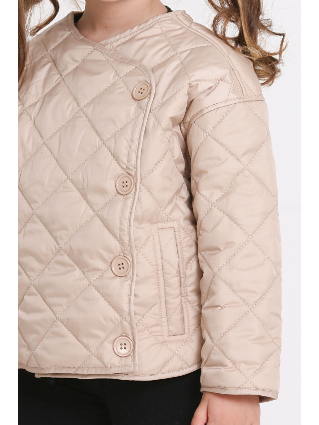 Kız Çocuk Bej Kruvaze Kapama Kapitone Mevsimlik 1-6 Yaş Mont - 23237-2-3