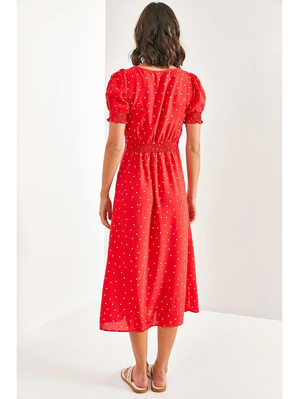 Kırmızı Kadın Önü Büzgülüi Puantiyeli Elbise-1