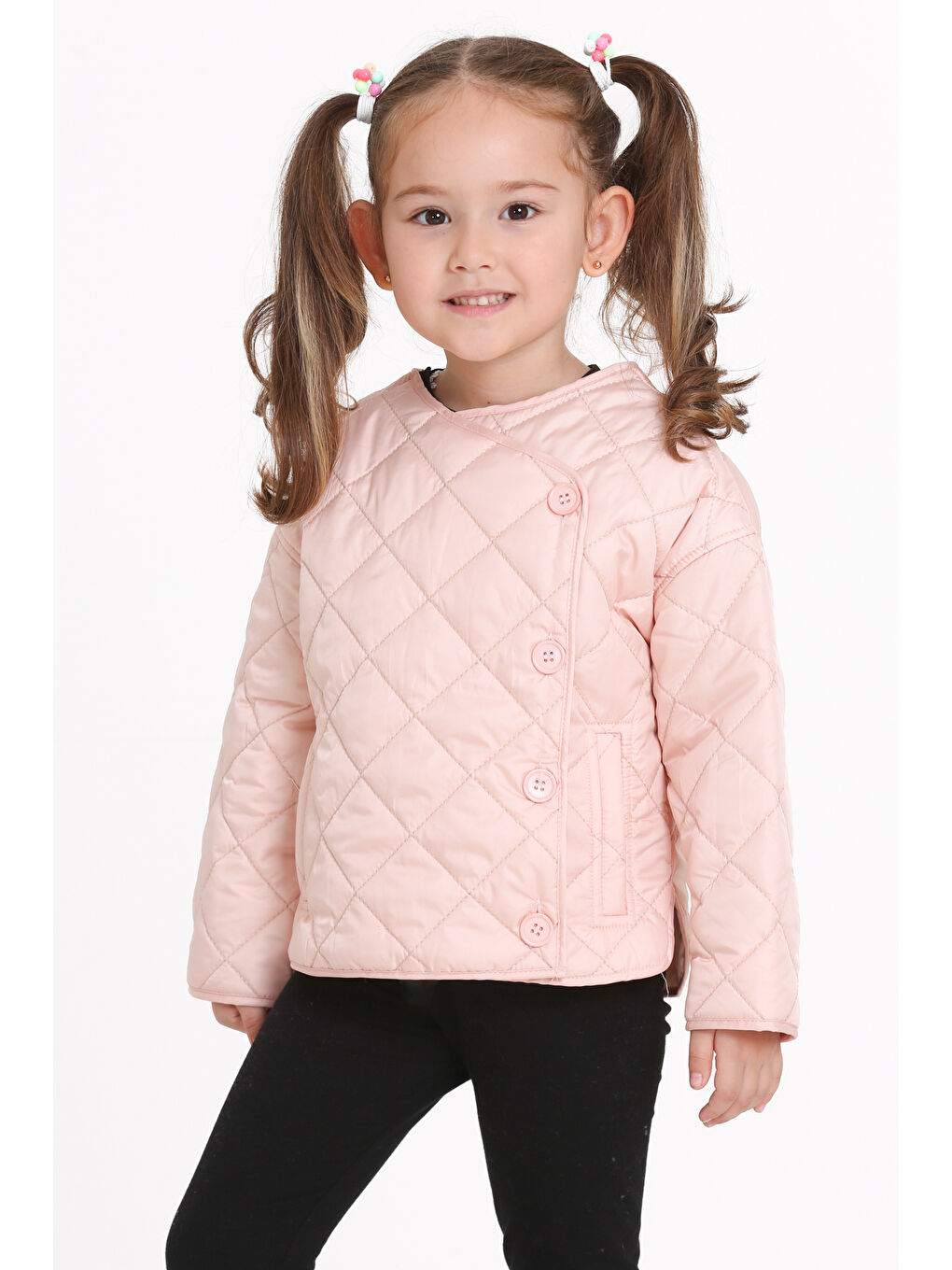 Pembe Kız Çocuk Pudra Kruvaze Kapama Kapitone Mevsimlik 1-6 Yaş Mont - 23237-1