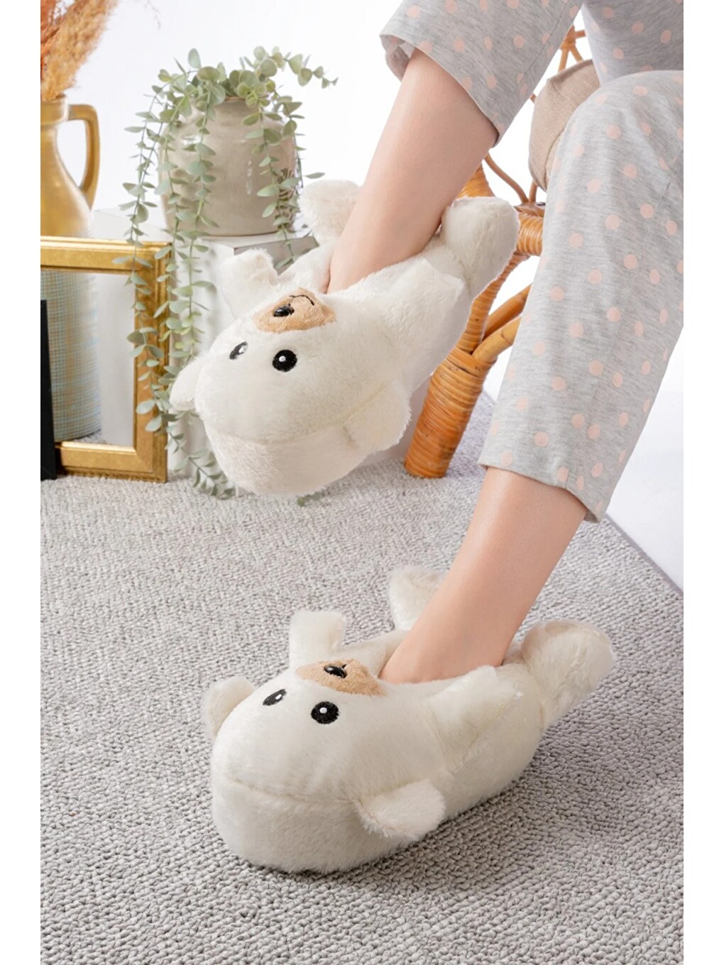 Ekru Ayıcık Figürlü Pelüş Panduf Ev Pandufu Unisex-2