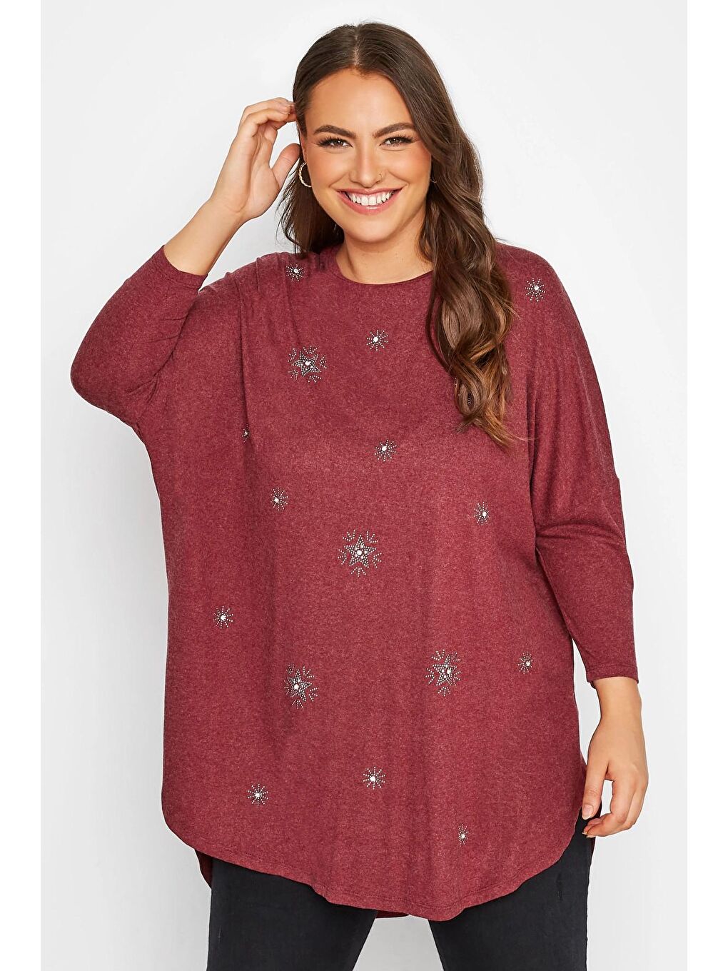 Bordo Büyük Beden Yıldız Taş İşleme Detaylı Bisiklet Yaka Yarasa Kol Bluz 300221