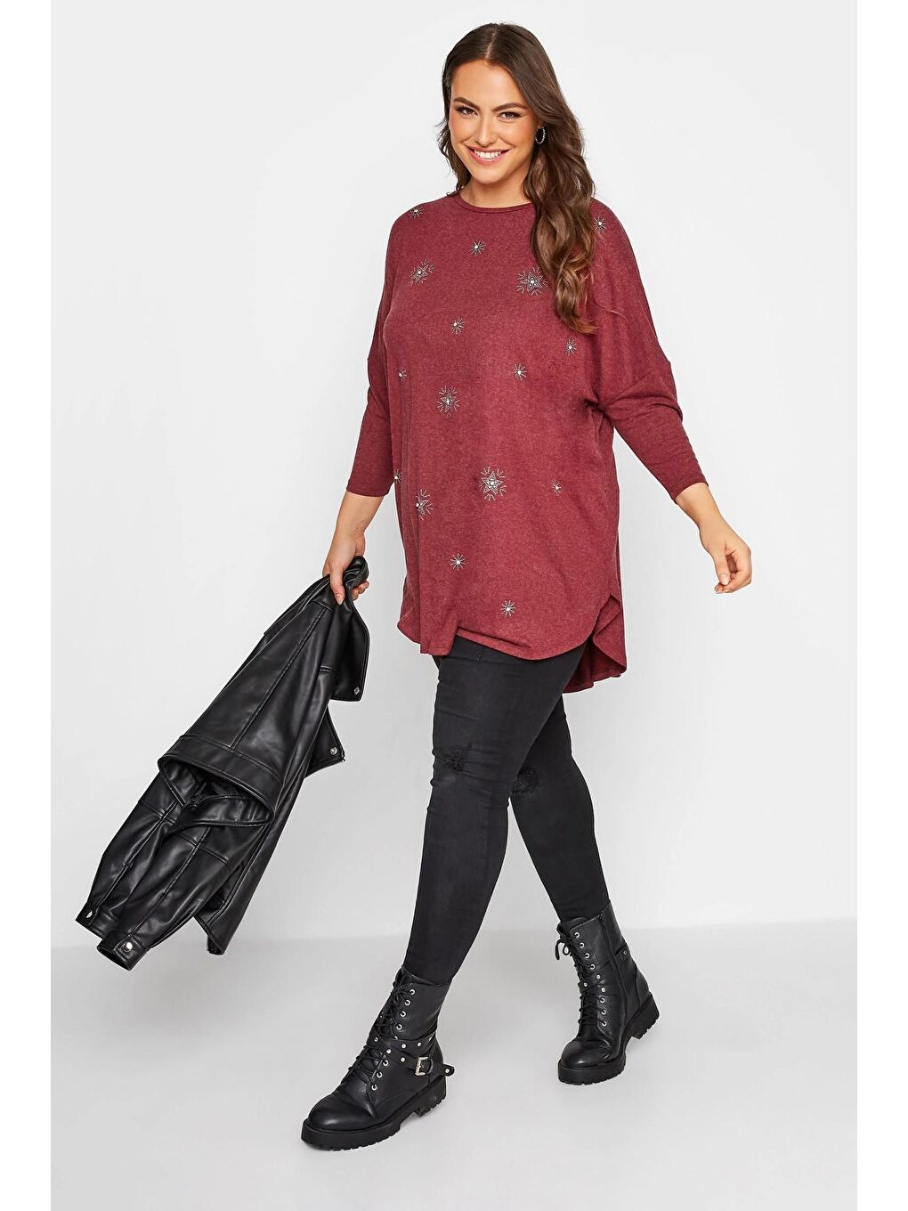Bordo Büyük Beden Yıldız Taş İşleme Detaylı Bisiklet Yaka Yarasa Kol Bluz 300221-1