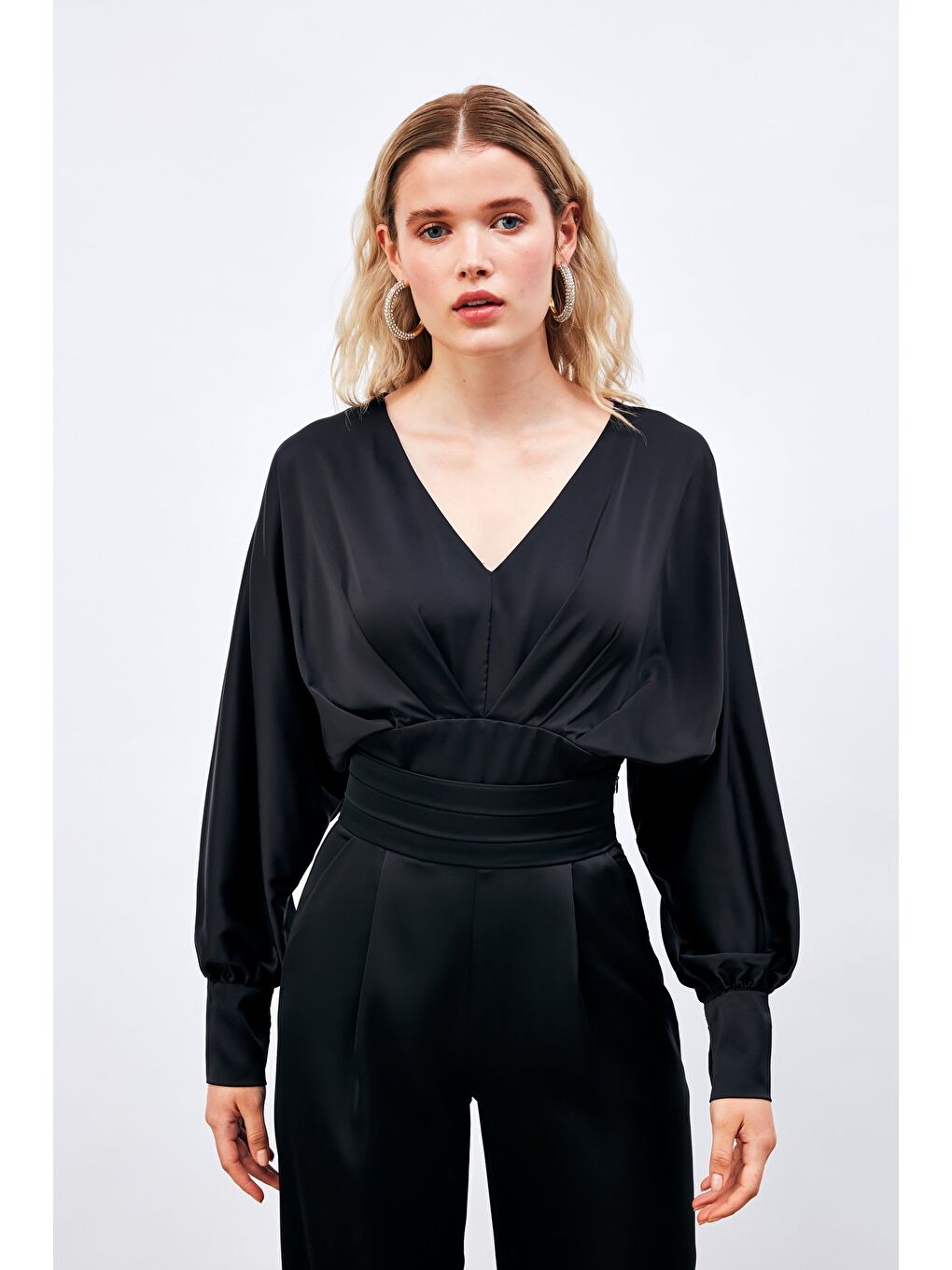 Geniş Kol Saten Bluz - Siyah-4