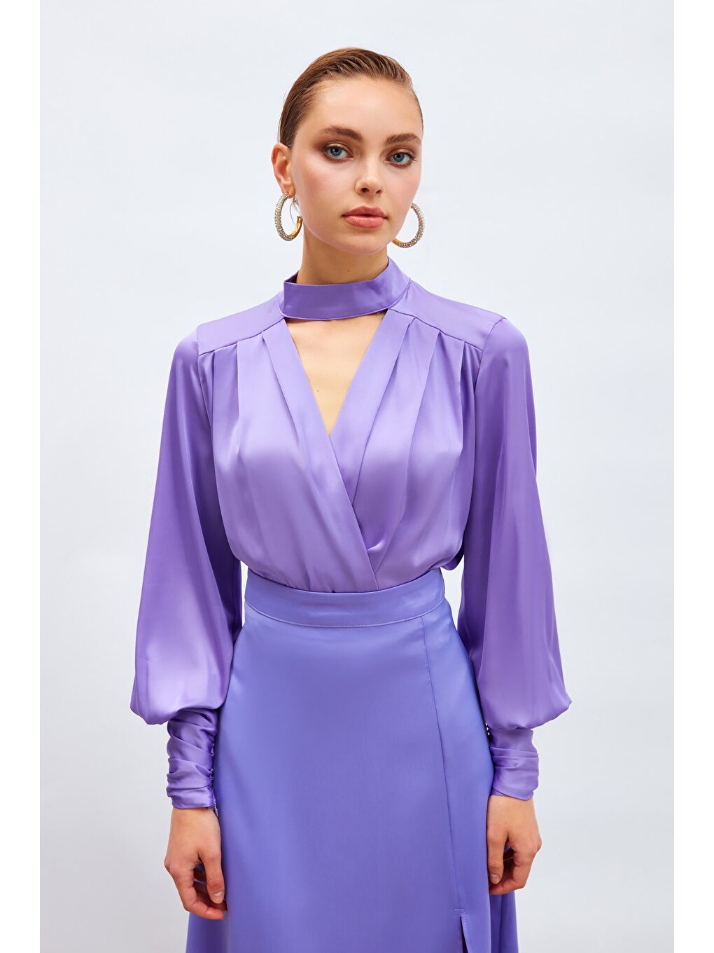 Drape Detaylı Bodysuit Bluz - Lila-1