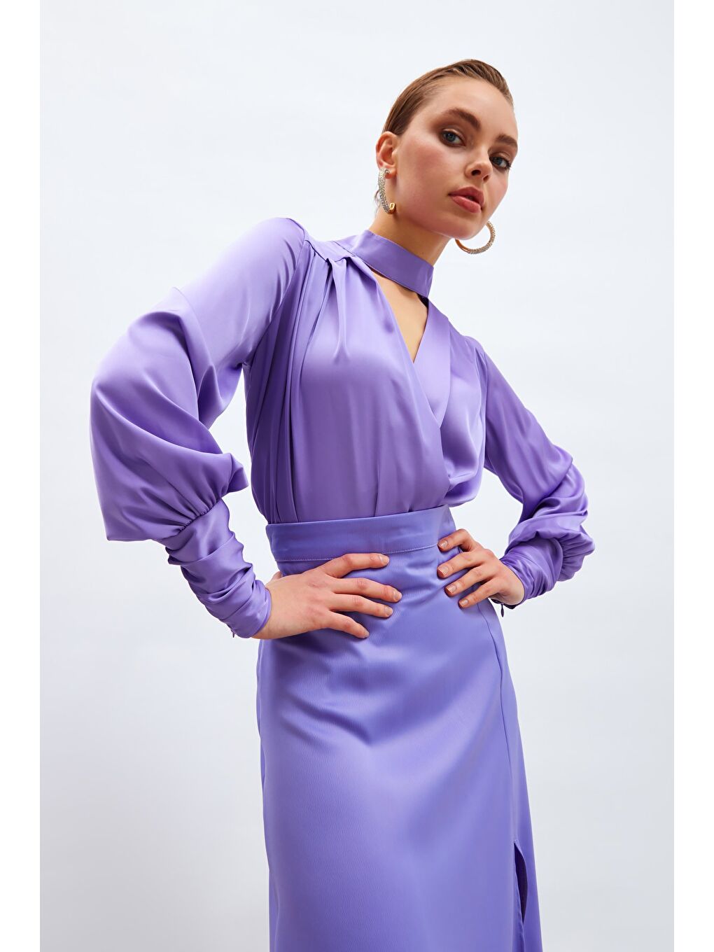 Drape Detaylı Bodysuit Bluz - Lila-2