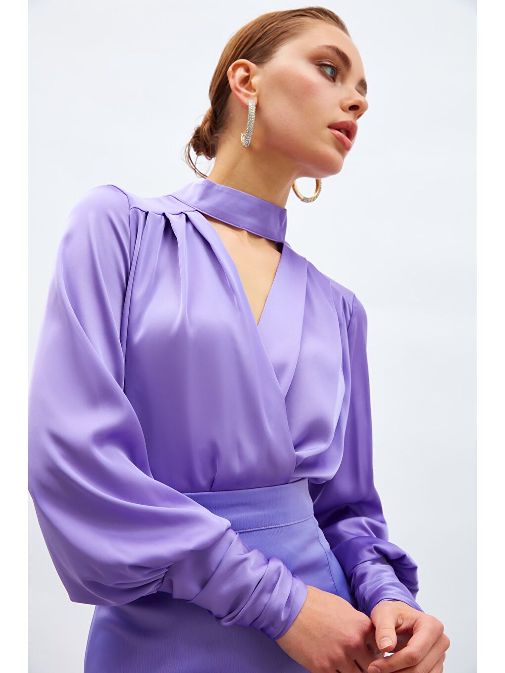 Drape Detaylı Bodysuit Bluz - Lila-3