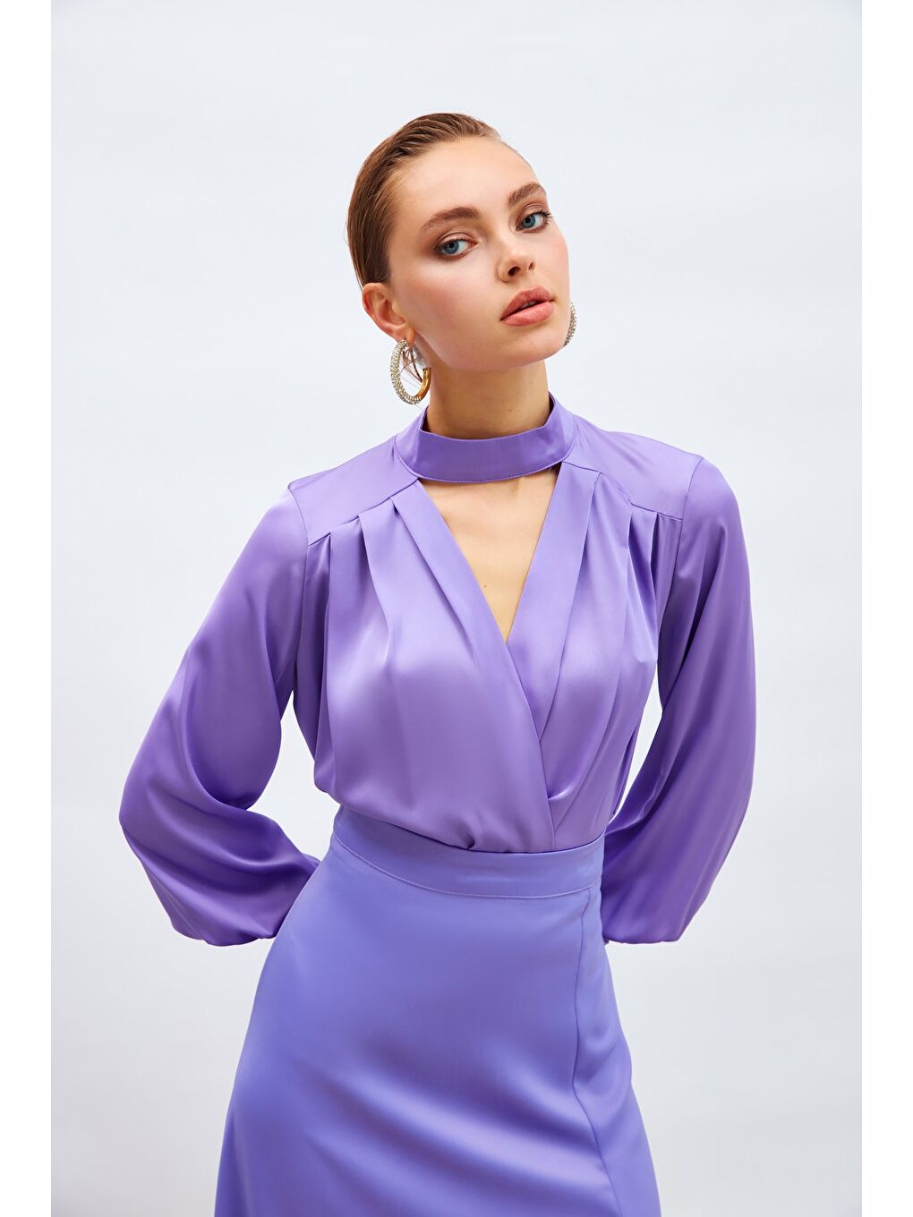 Drape Detaylı Bodysuit Bluz - Lila-4