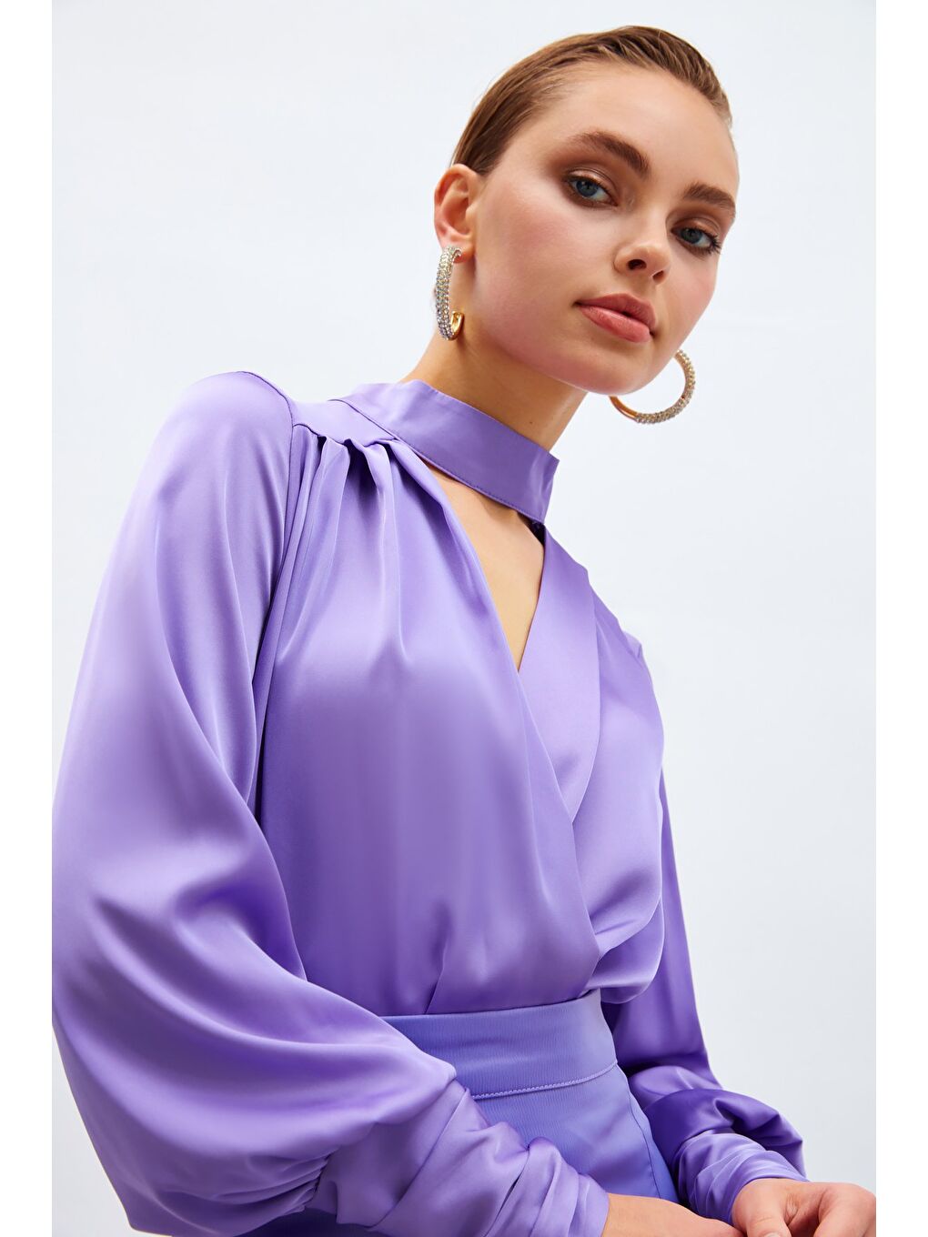 Drape Detaylı Bodysuit Bluz - Lila-5