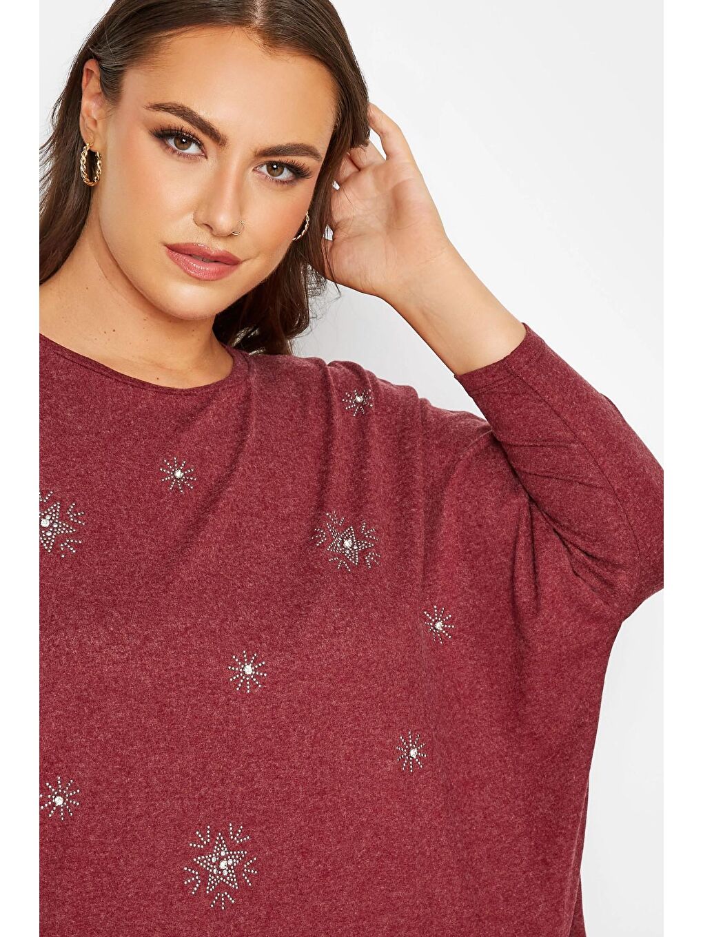 Bordo Büyük Beden Yıldız Taş İşleme Detaylı Bisiklet Yaka Yarasa Kol Bluz 300221-3