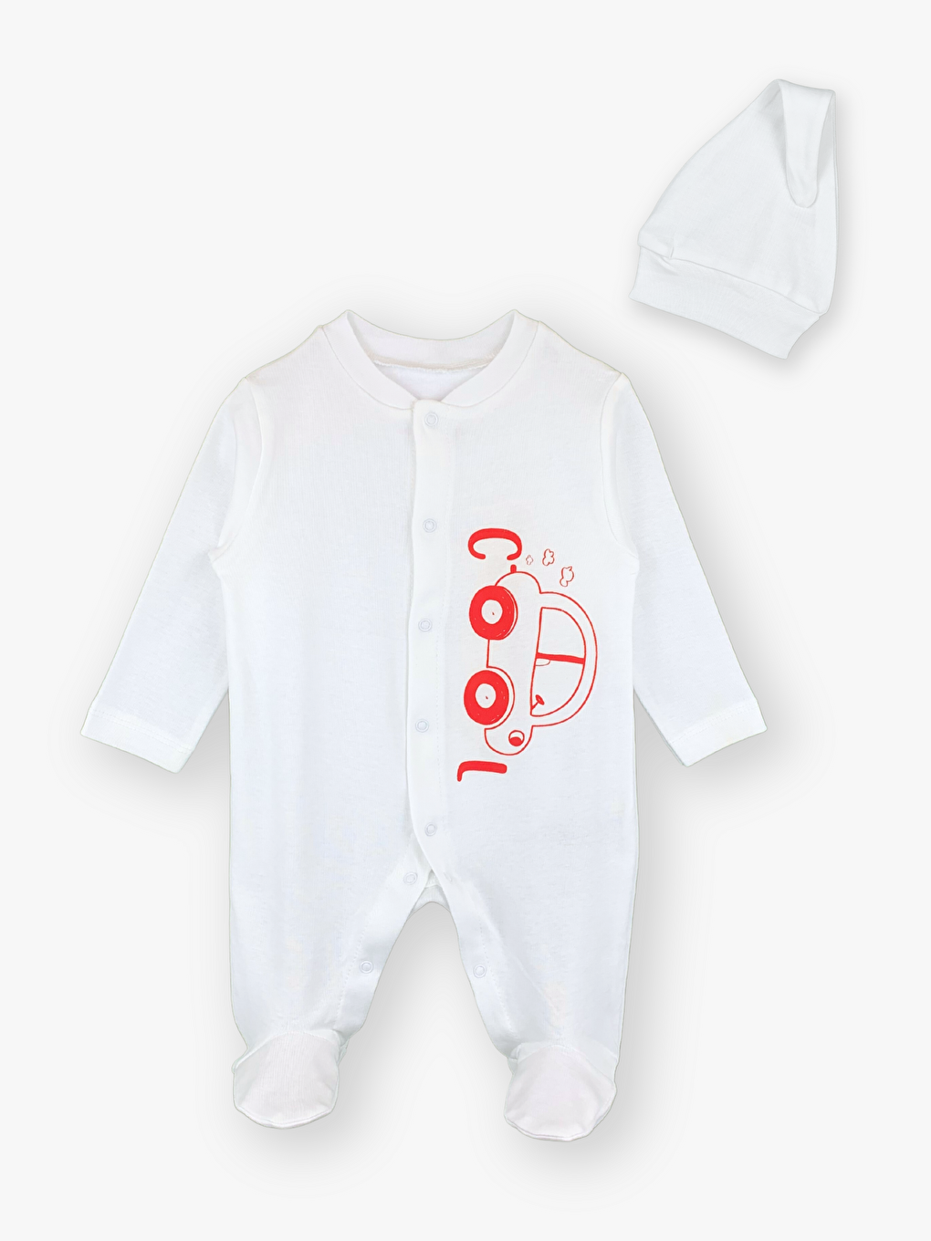 Beyaz Bisiklet Yaka Uzun Kollu Erkek Bebek Tulum ve Bere 2’li Takım