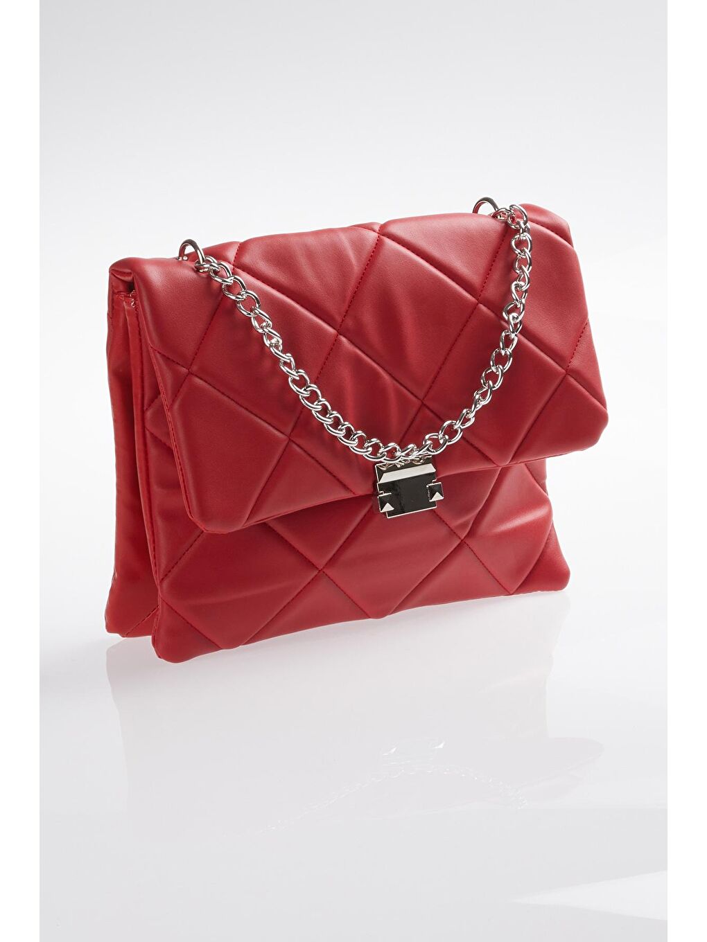 Kadın Kırmızı Zincir Kilit ve Nakış Detaylı Çapraz Çanta-2