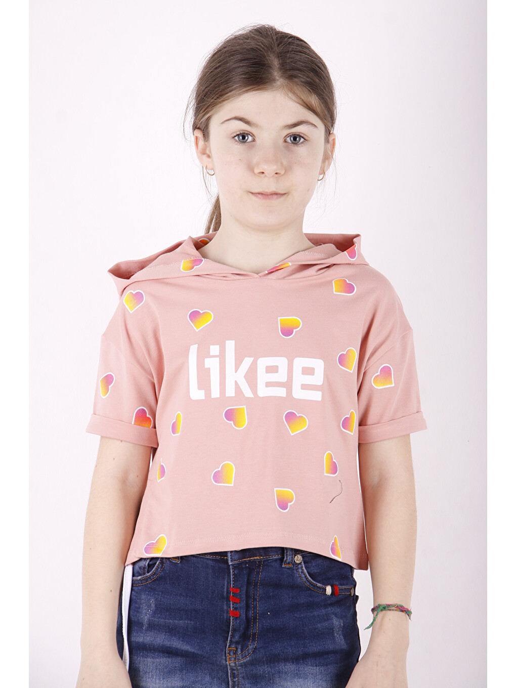 Pembe Kız Çocuk Likee Baskılı Kapüşonlu Tişört-3