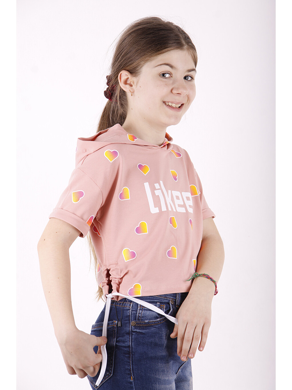 Pembe Kız Çocuk Likee Baskılı Kapüşonlu Tişört-4