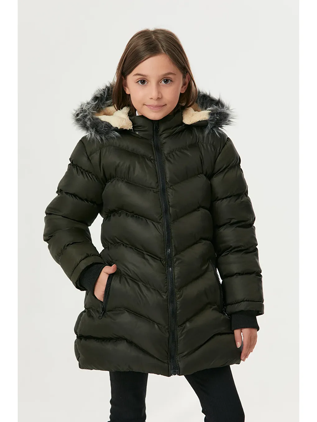 Haki Cebi Fermuarlı Kız Çocuk Şişme Mont-2