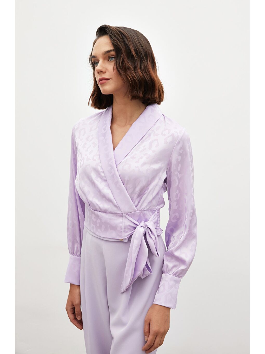 SATEEN Yan Kuşaklı Saten Bluz - Lila - 3