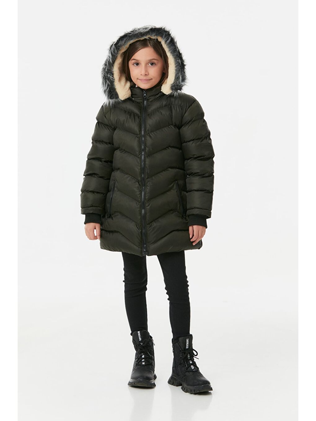 Haki Cebi Fermuarlı Kız Çocuk Şişme Mont-3