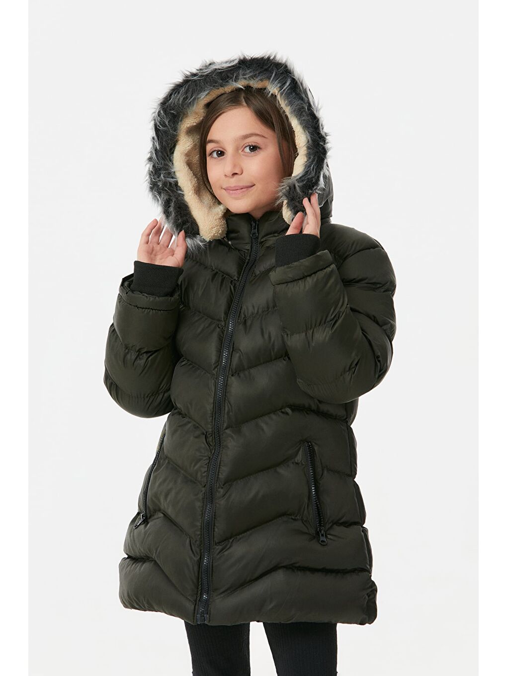 Haki Cebi Fermuarlı Kız Çocuk Şişme Mont-4