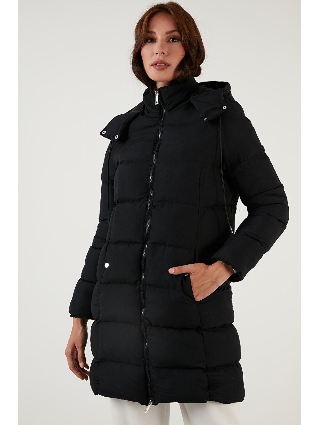 Siyah Fermuarlı Çıkarılabilir Kapüşonlu Uzun Şişme Mont 602SAHRA-3