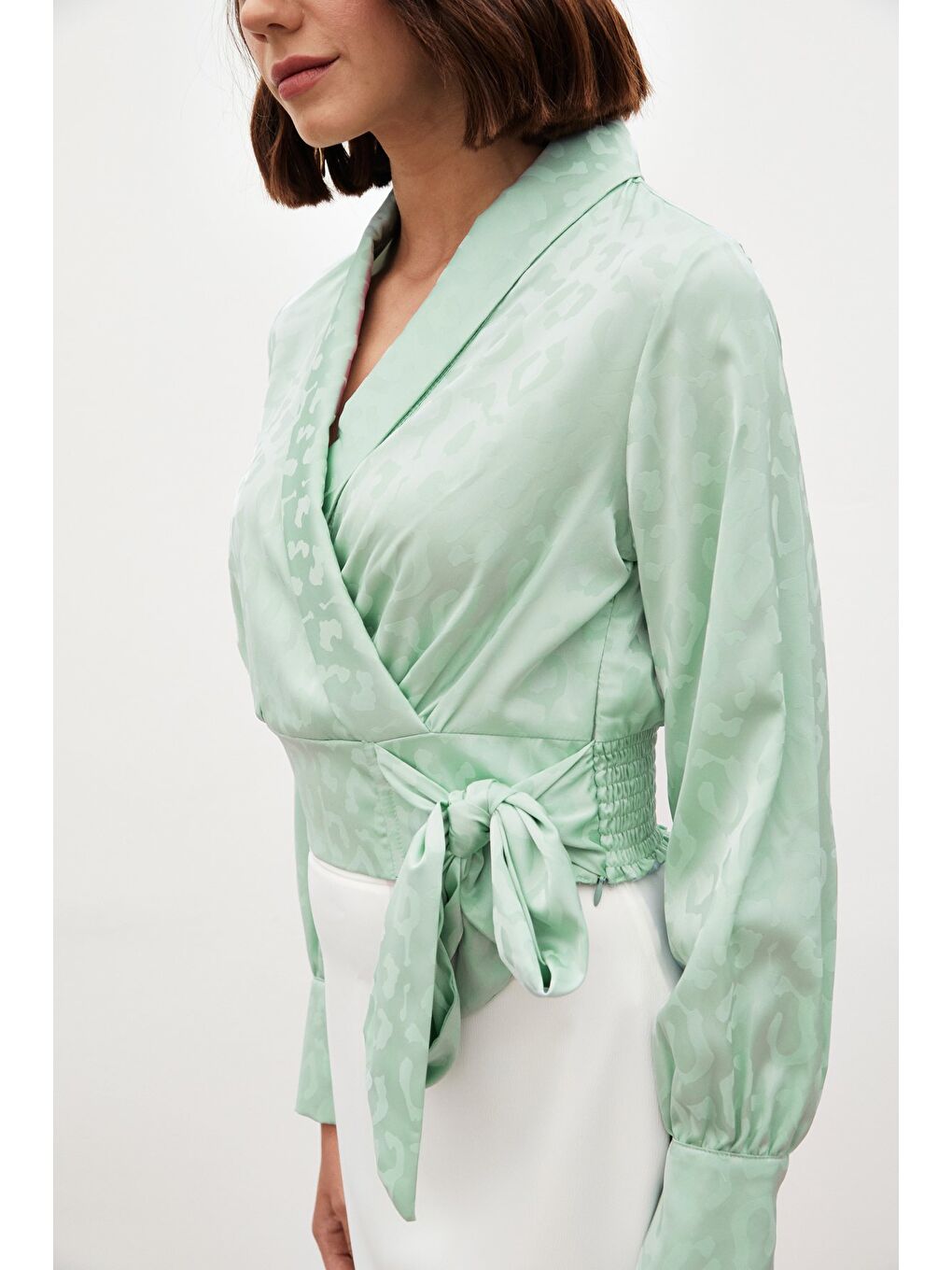 Yeşil Yan Kuşaklı Saten Bluz - Mint-5