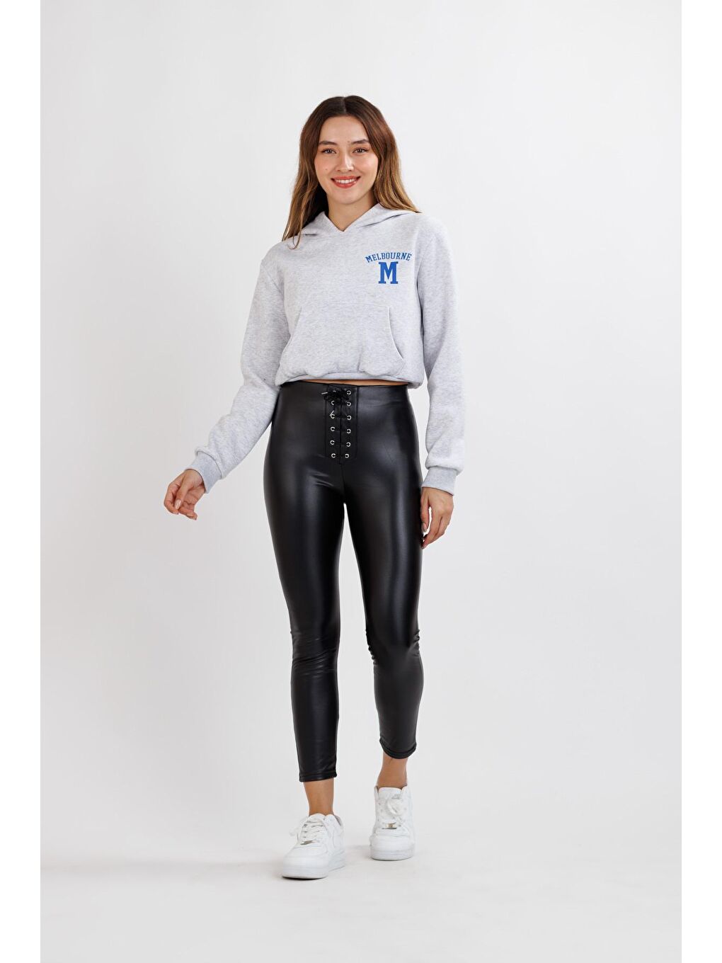 Kadın Siyah Önü Bağcıklı Korsaj Detay Deri Tayt-2