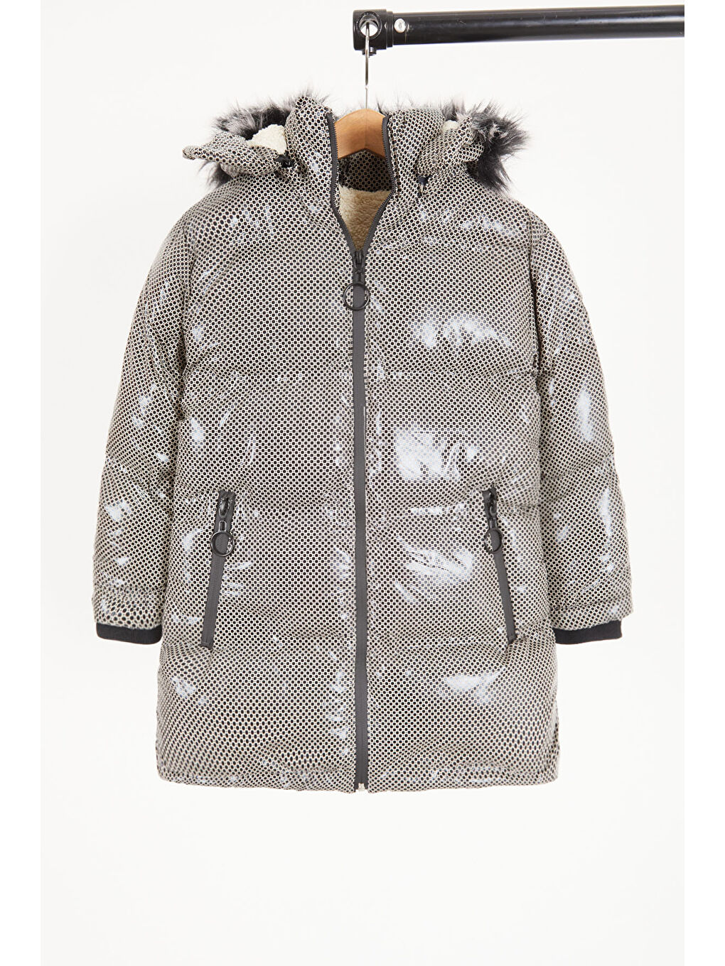 Ekru Kız Çocuk Altıgen Desenli Krem Şişme Mont 16267