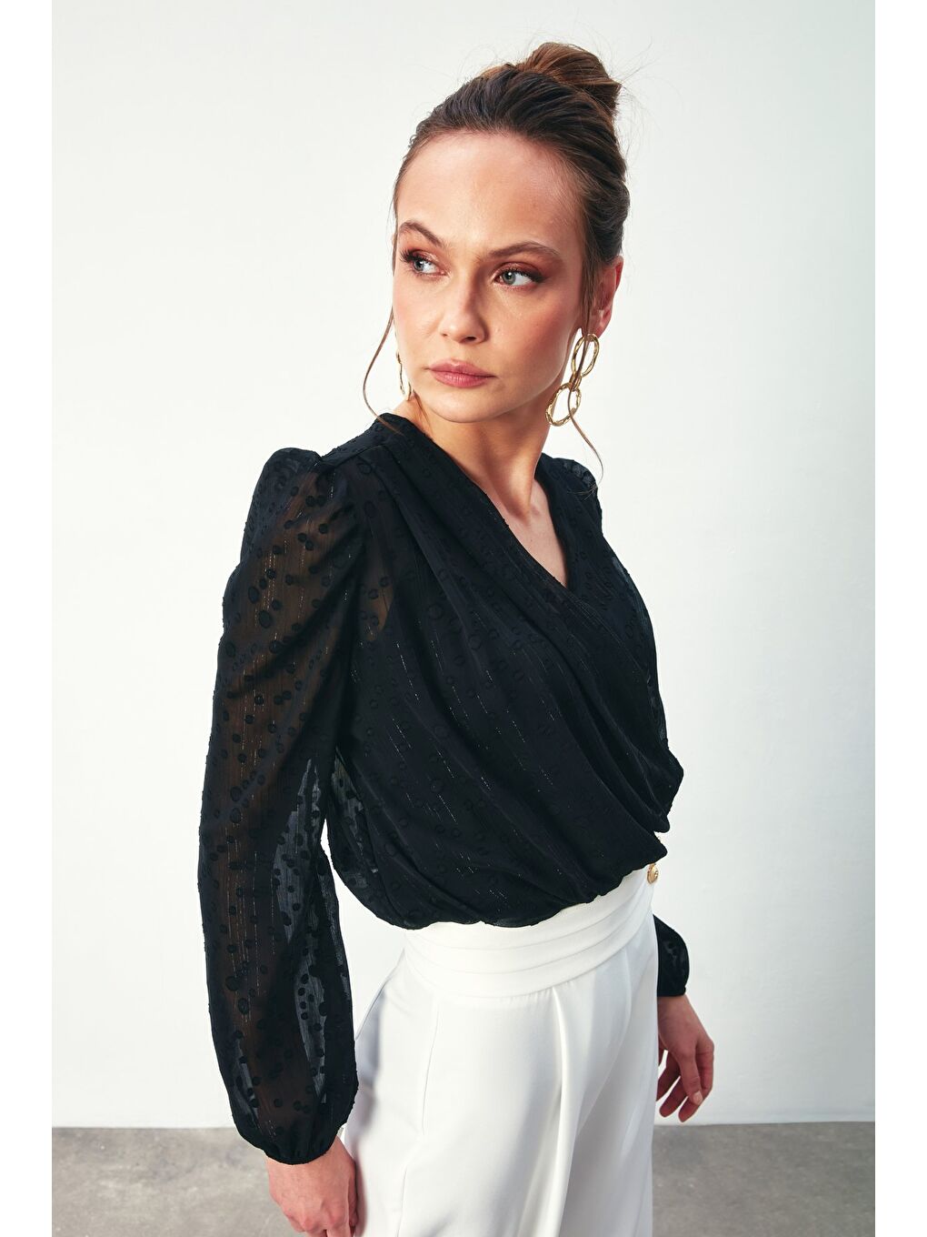 Desenli Kruvaze Bodysuit Bluz - Siyah