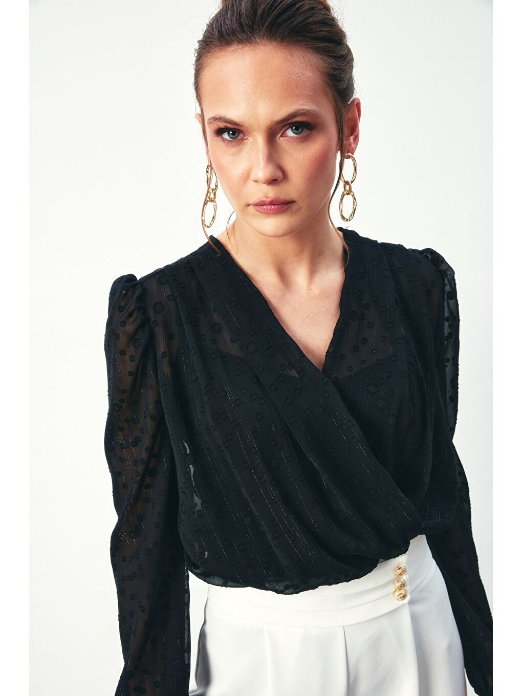 Desenli Kruvaze Bodysuit Bluz - Siyah-1