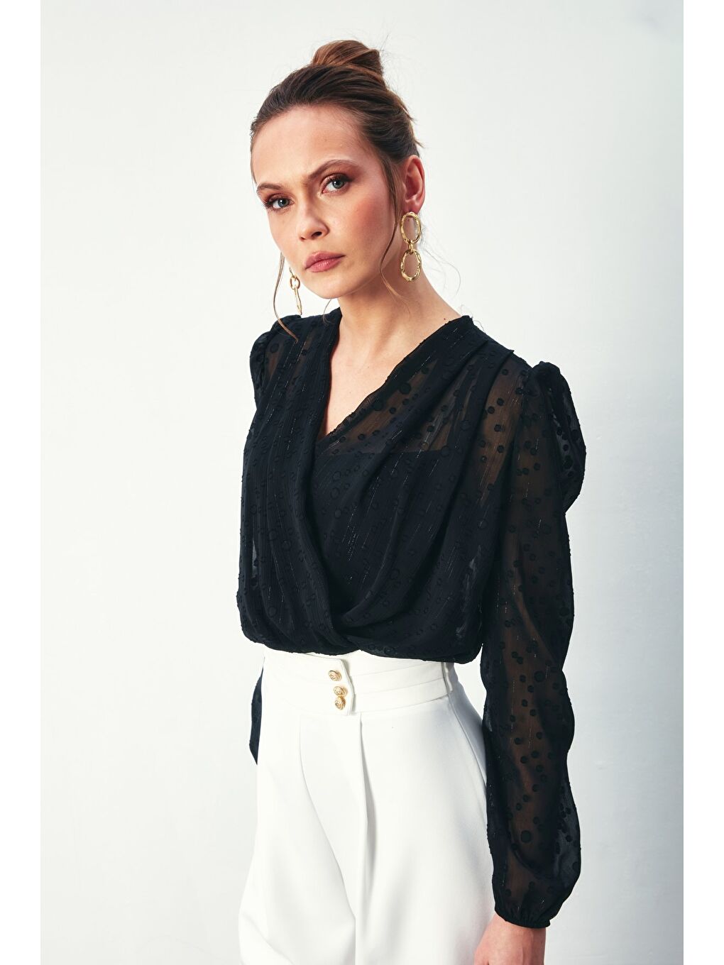 Desenli Kruvaze Bodysuit Bluz - Siyah-2