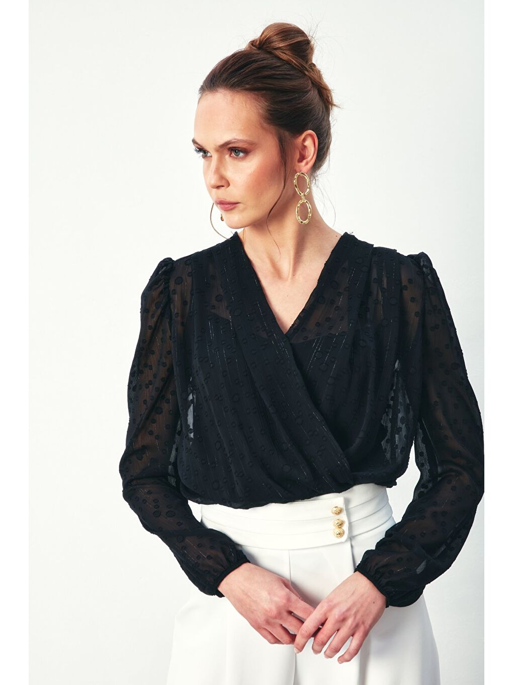 Desenli Kruvaze Bodysuit Bluz - Siyah-3