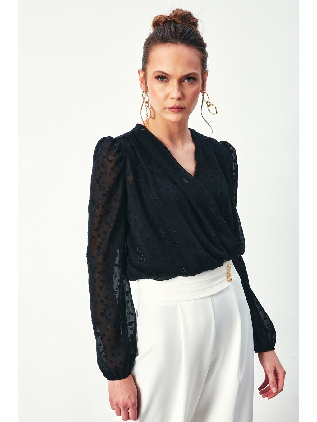 Desenli Kruvaze Bodysuit Bluz - Siyah-4