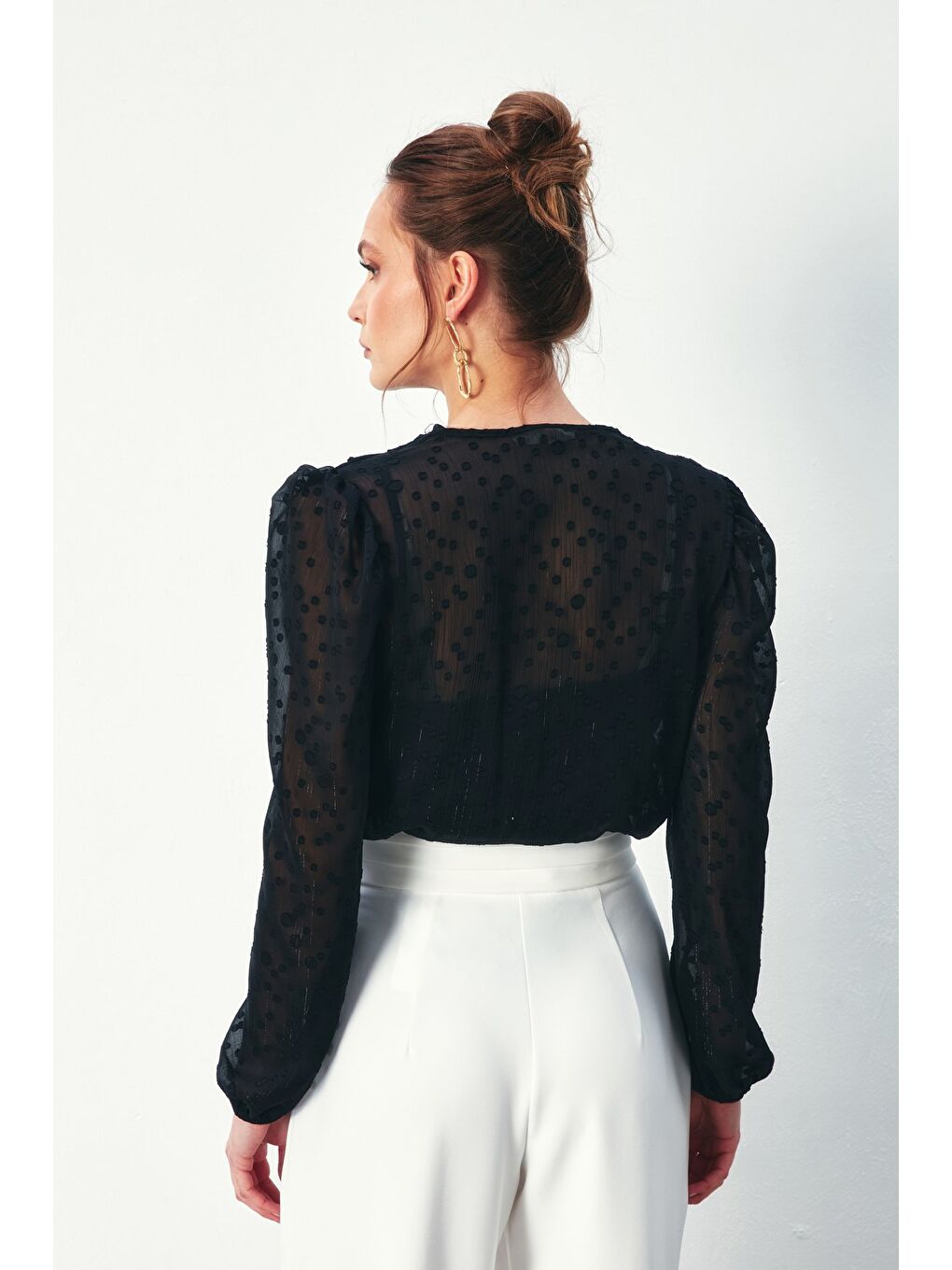 Desenli Kruvaze Bodysuit Bluz - Siyah-6