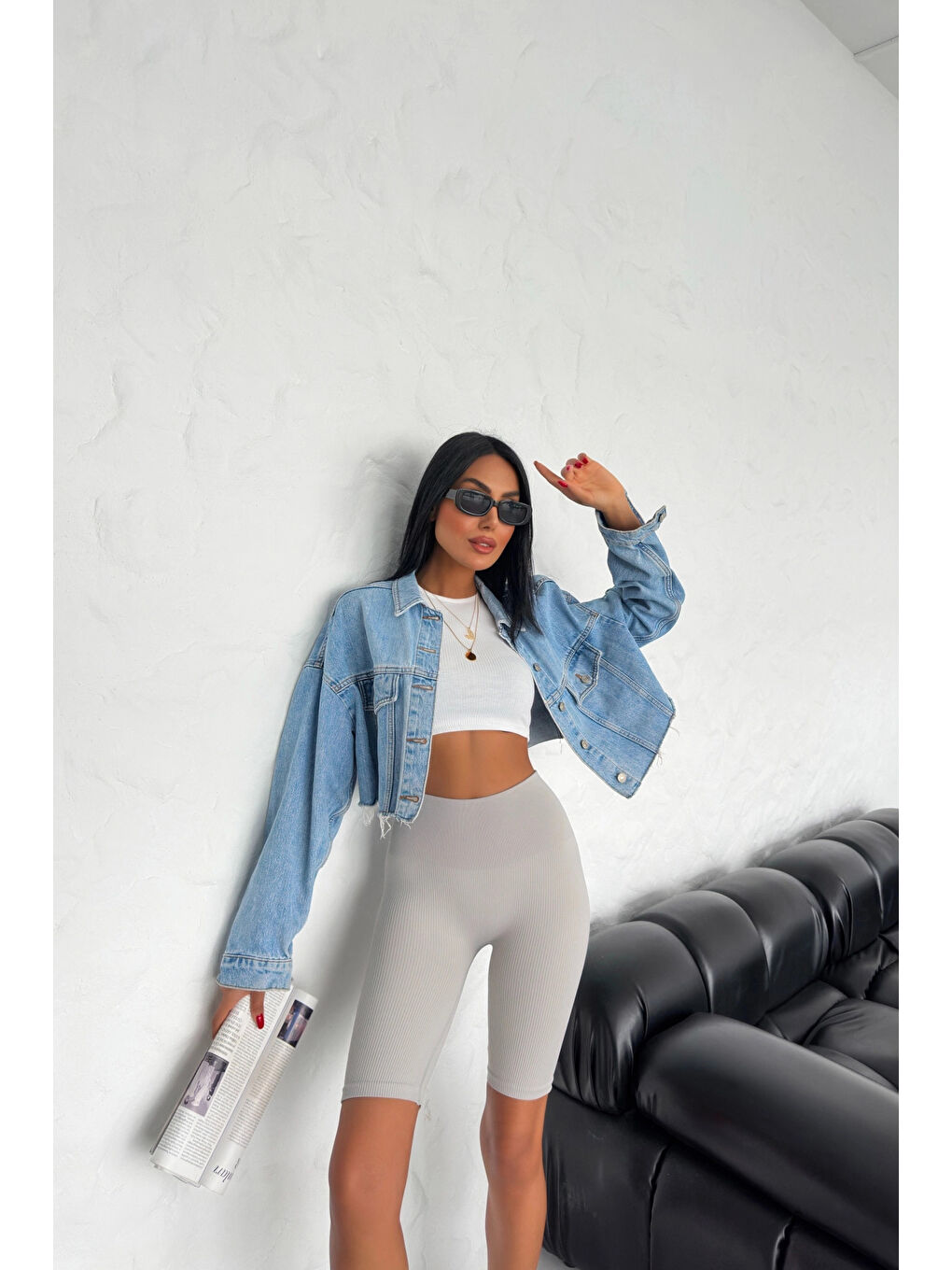Stil Diva Gri Seamless Dikişsiz Fitilli Diz Üstü Spor Şort Tayt