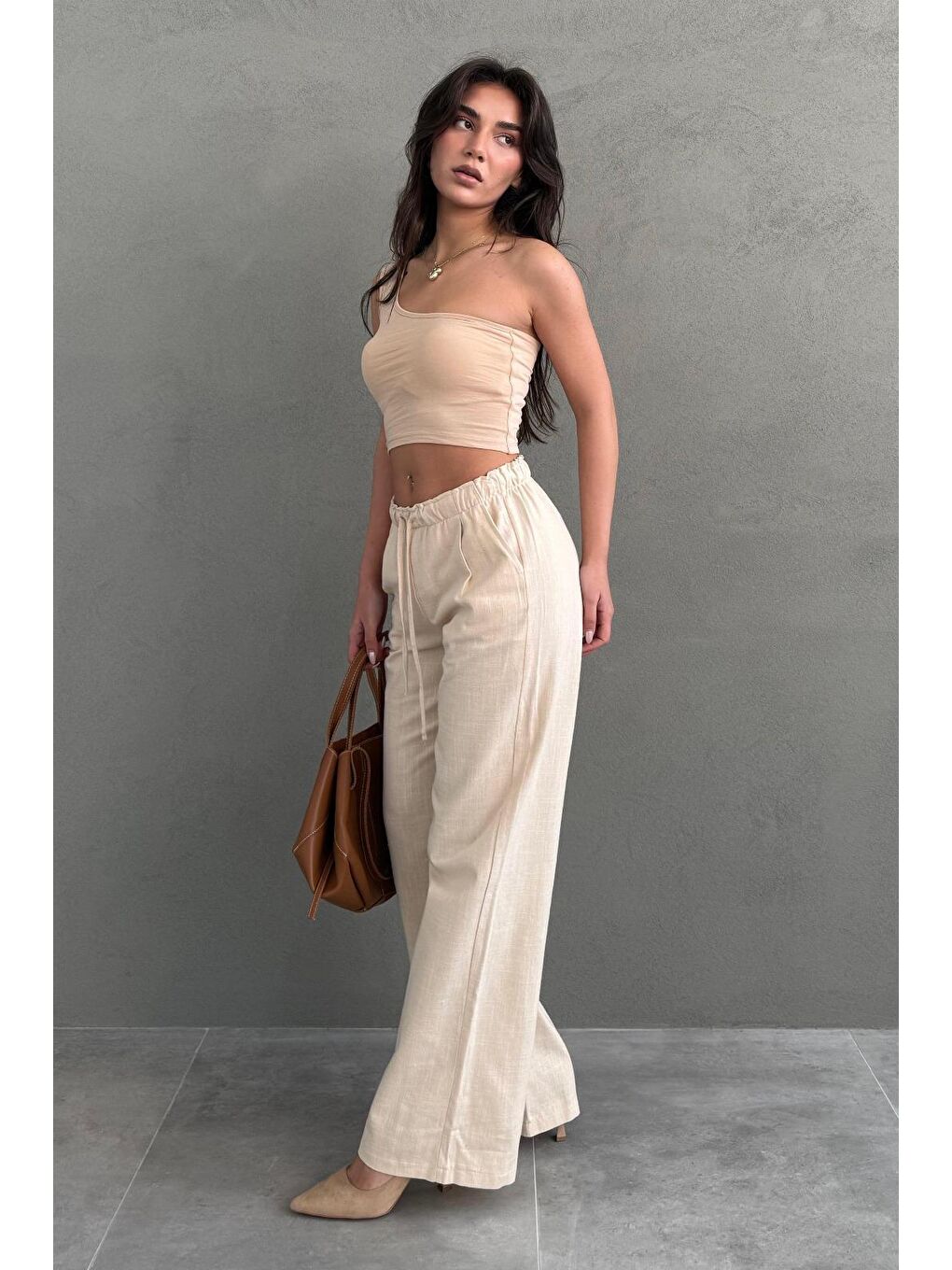Madmext Bej Beli Büzgülü Wide Leg Kumaş Pantolon Mg1950