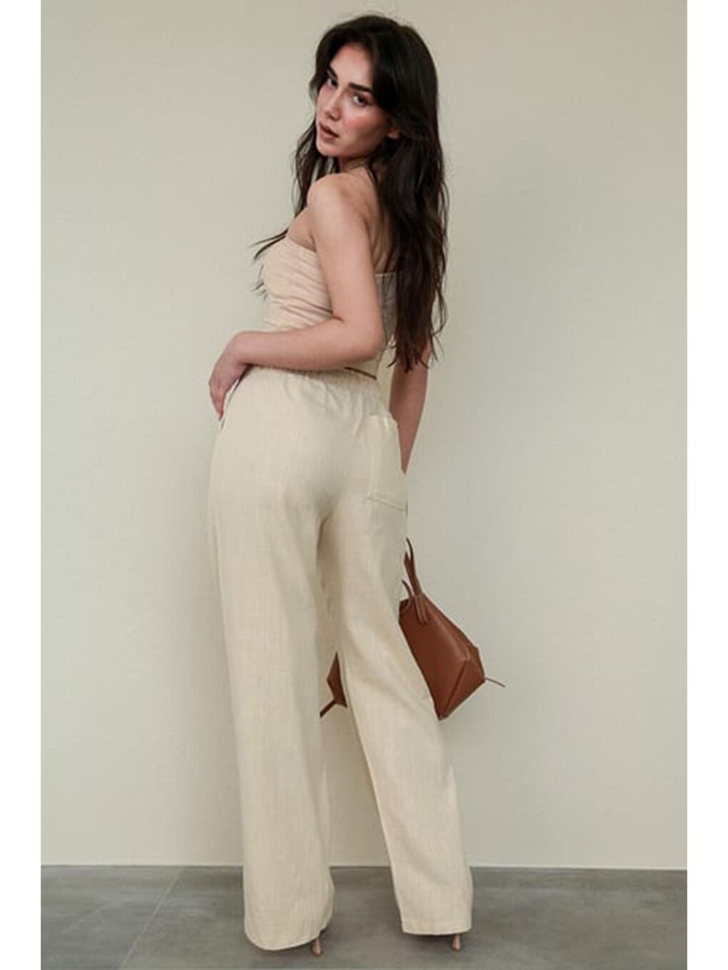 Madmext Bej Beli Büzgülü Wide Leg Kumaş Pantolon Mg1950 - 1