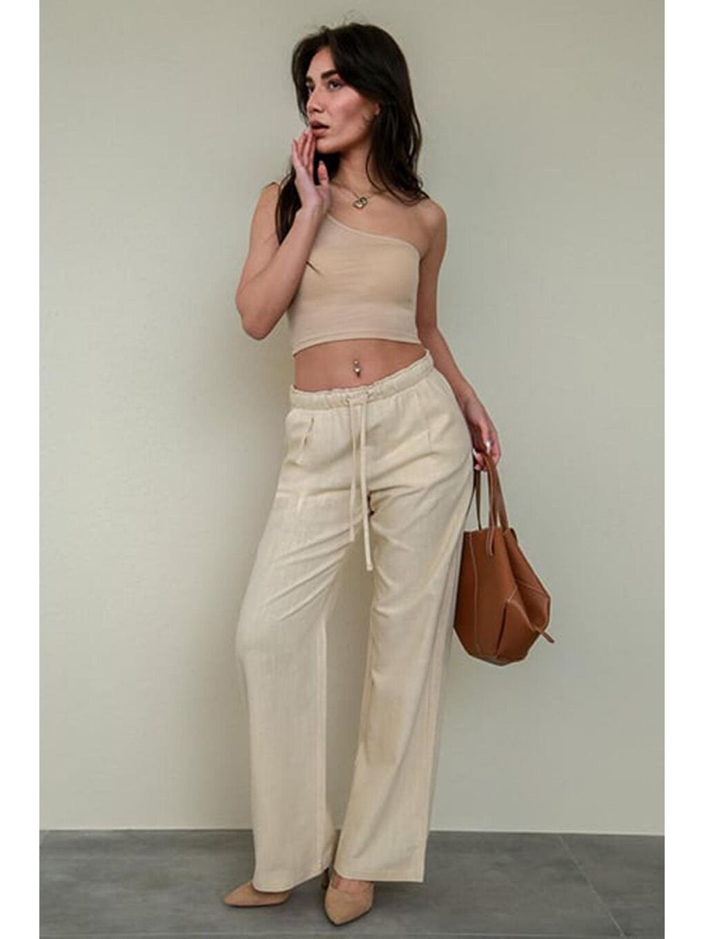 Madmext Bej Beli Büzgülü Wide Leg Kumaş Pantolon Mg1950 - 2