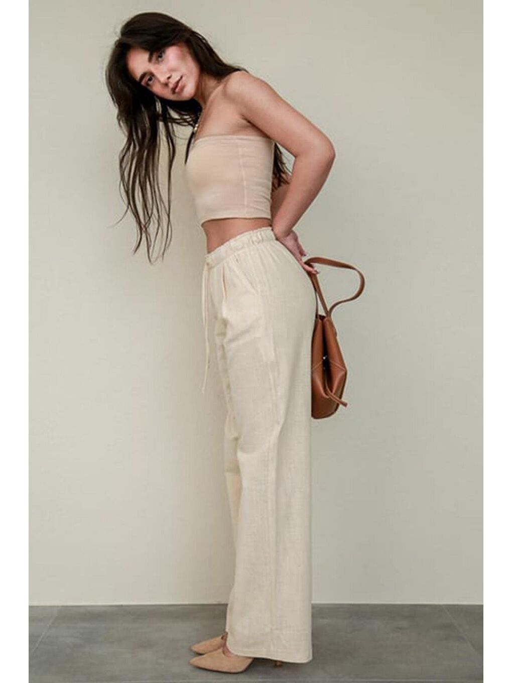 Madmext Bej Beli Büzgülü Wide Leg Kumaş Pantolon Mg1950 - 3