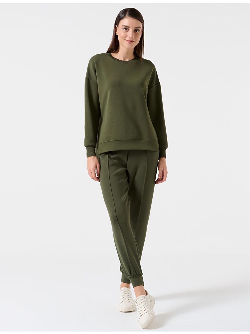 Haki Yüksek Bel Beli Bağlamalı Ribanalı Jogger Pantolon