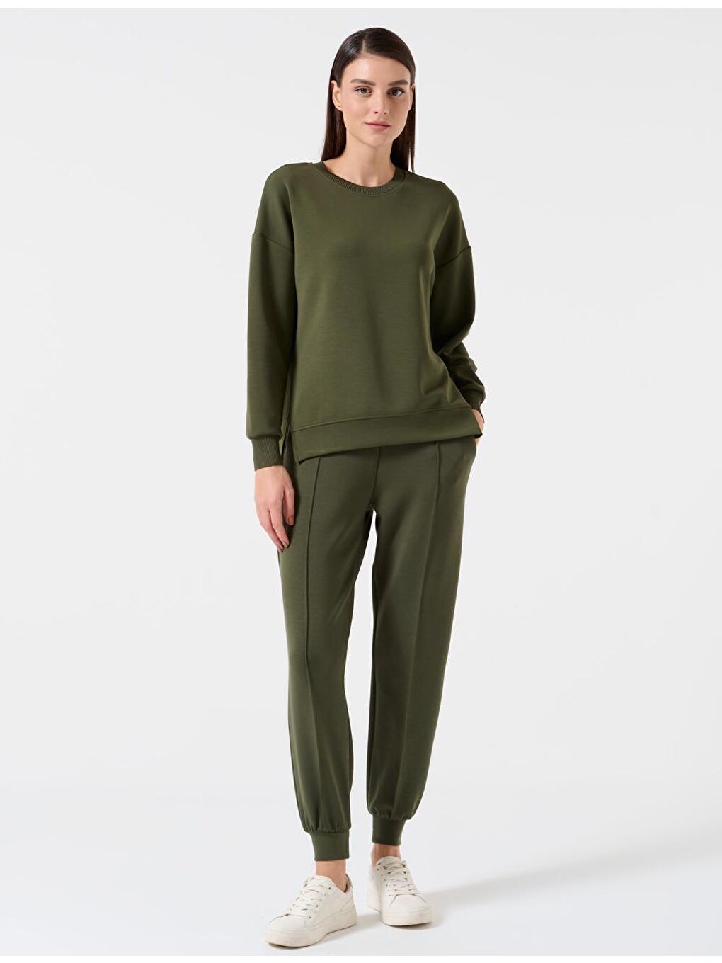 Haki Yüksek Bel Beli Bağlamalı Ribanalı Jogger Pantolon-1