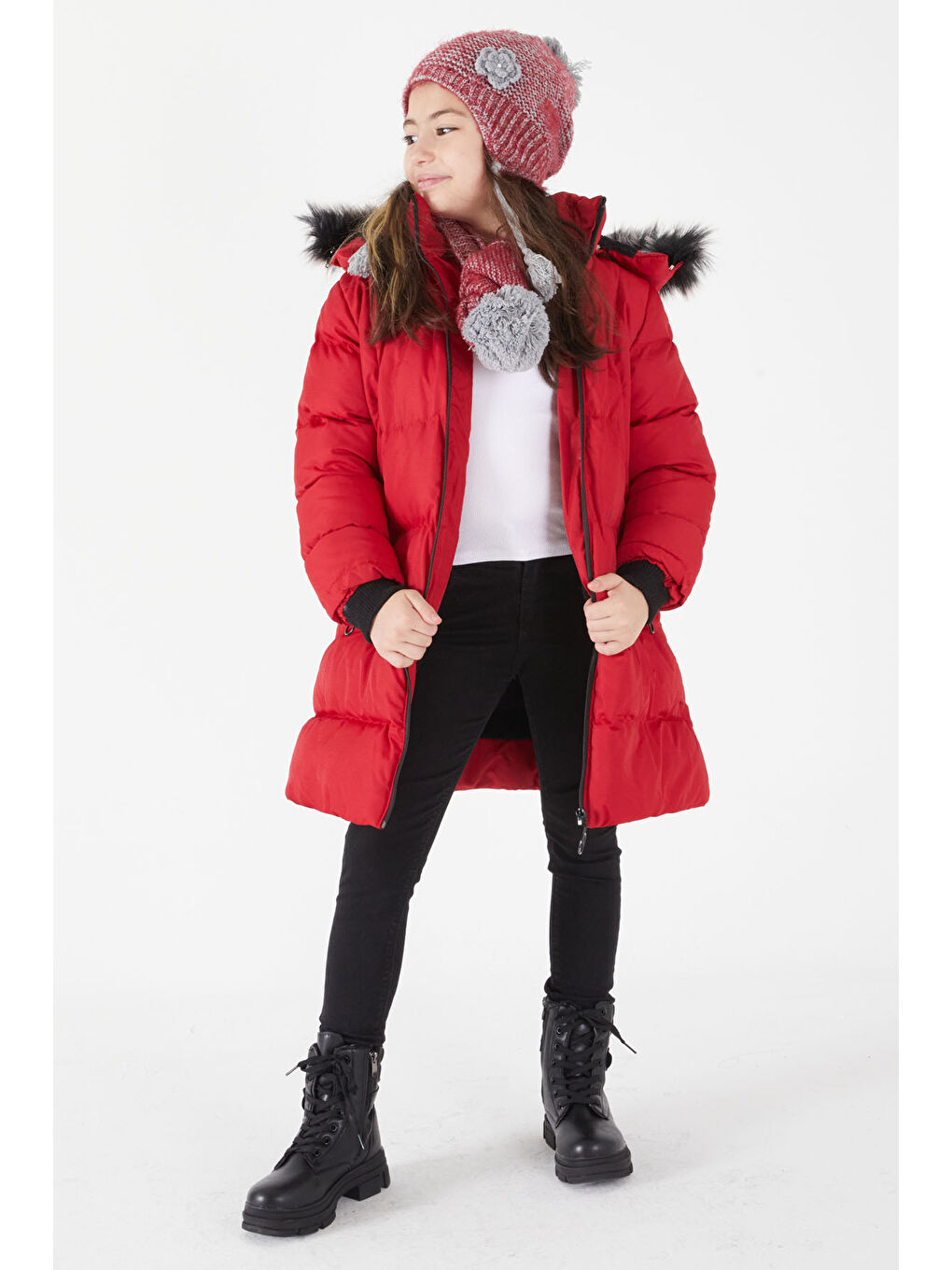 Kız Çocuk Şişme Mont Kürklü Kırmızı 15587